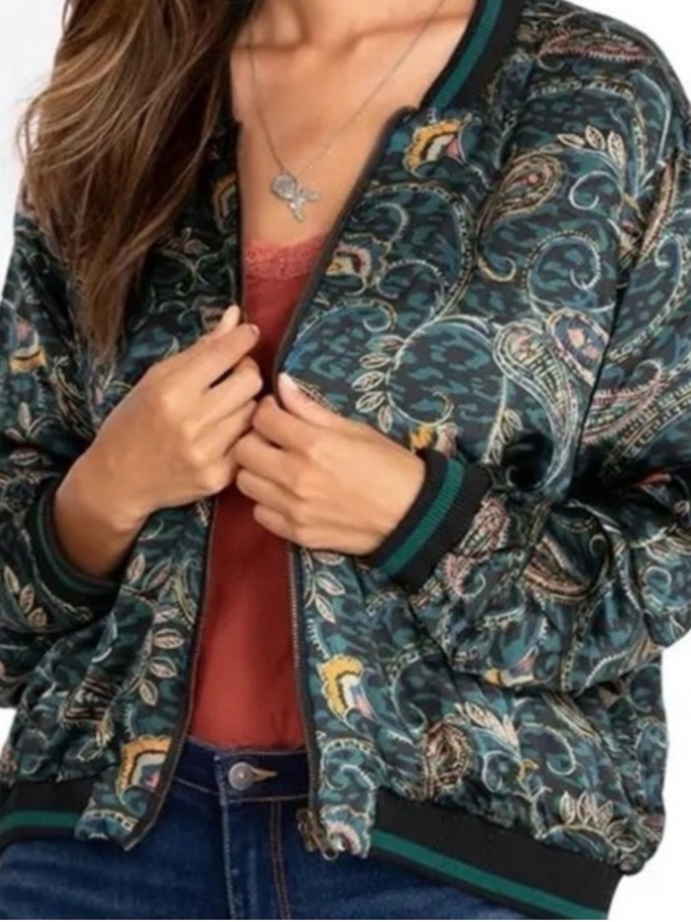 JOHNNY WAS Workshop Silk Reversible Bomber Style Jacket Teal & Black! Paisley